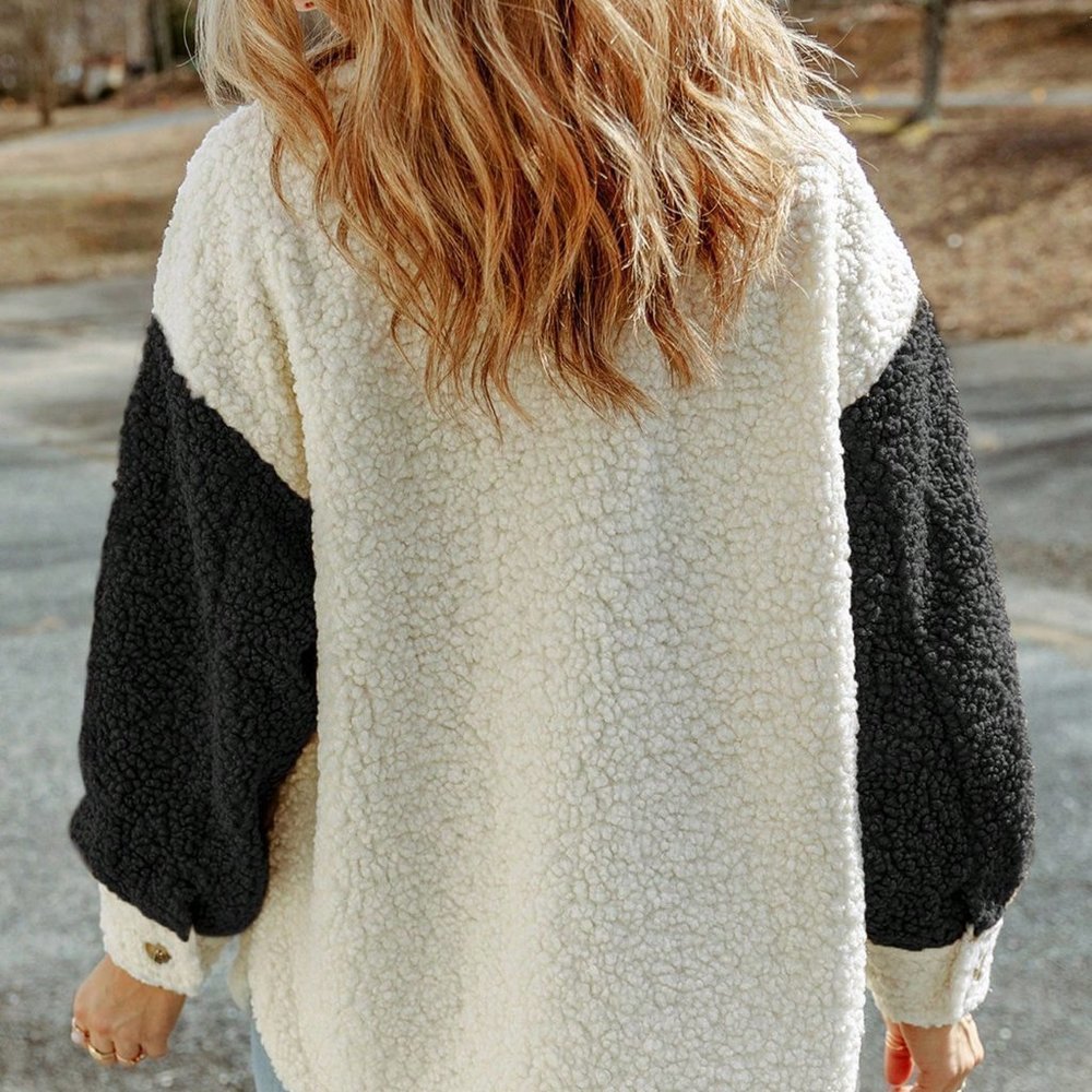 Two Tone Drop Shoulder Teddy Coat - Picture 2 of 4